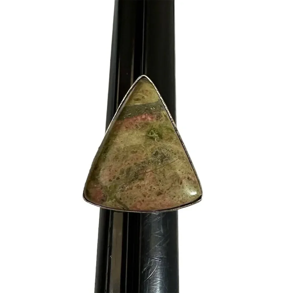 💕 Handcrafted‎ Natural Unakite Triangle Ring Silver overlay  Setting adjustable - Picture 2 of 6